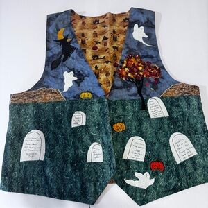 Halloween Spooky Reversible Quilted Vest Homemade Pumpkins Graves Bat READ POST